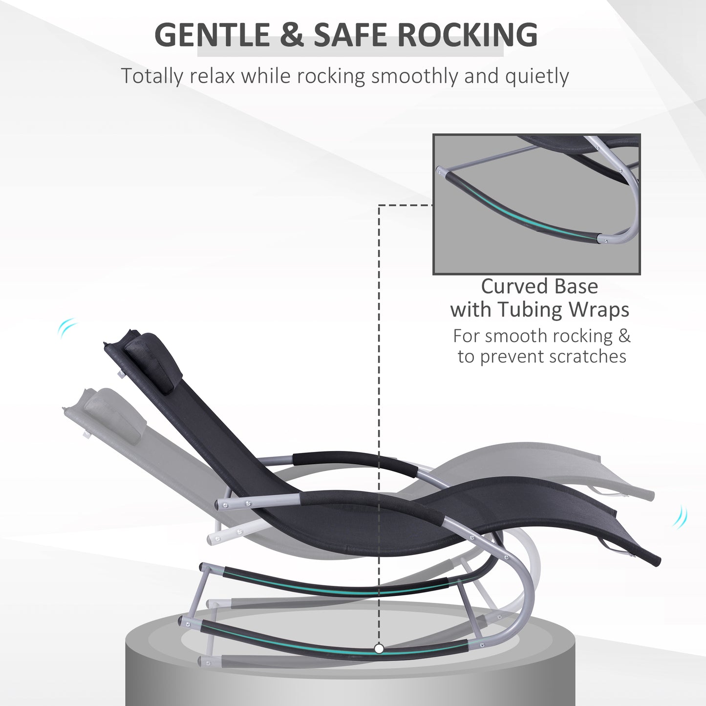 Black rocking lounge chair with curved base and tube wraps for scratch-resistant rocking