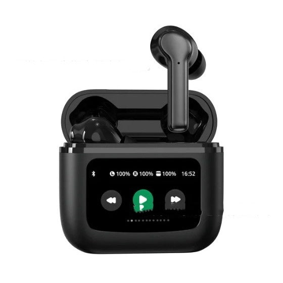 Black wireless earbuds with charging case on a white background