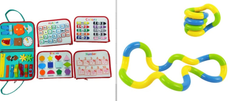Colorful educational toy book and interlocking rings on a white background