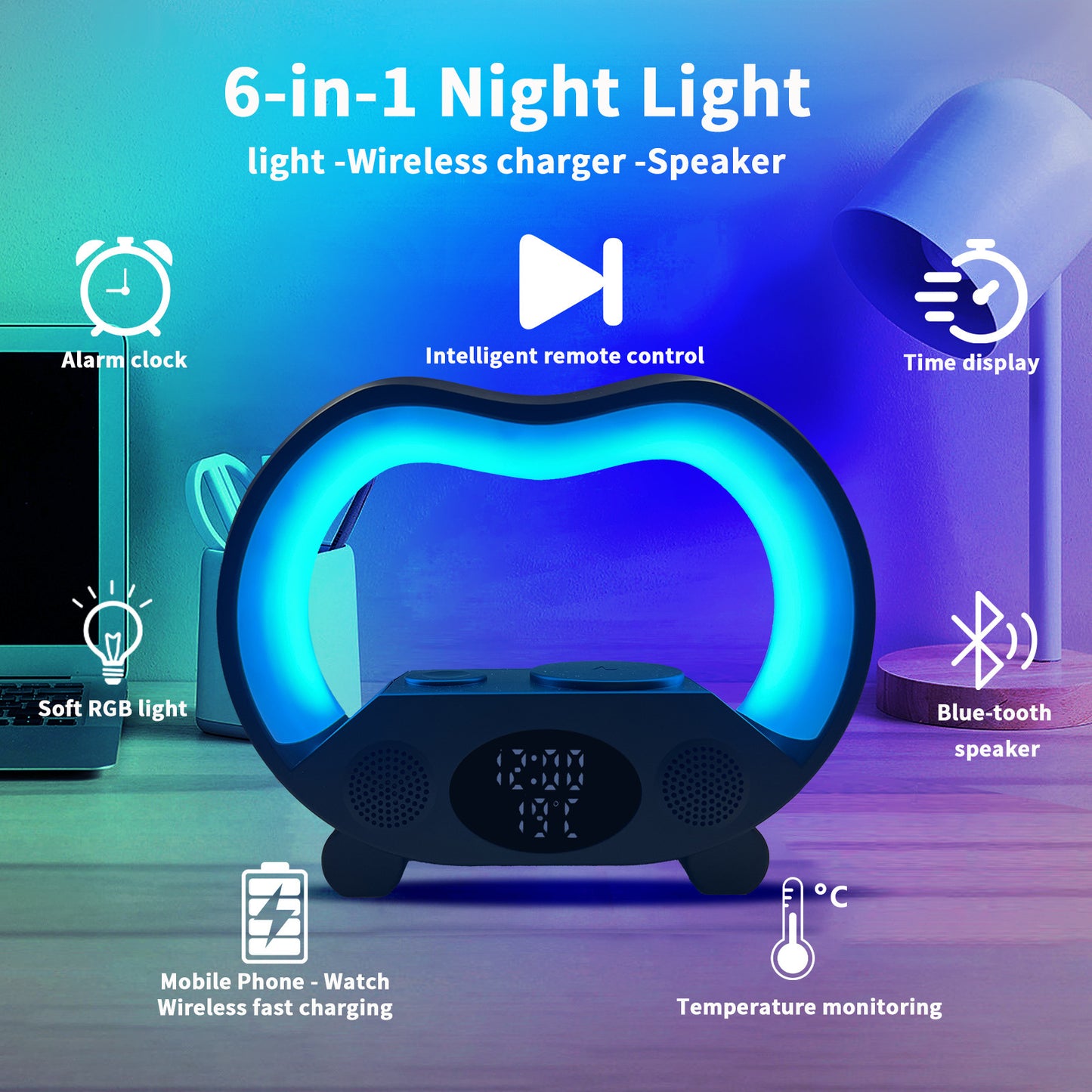 2024 New 6 In 1 Smart Remote Control Bluetooth Ambience Intelligent LED Table Lamp Multi-function Wireless Charger Night Light Bluetooth Speaker - Ectron Online