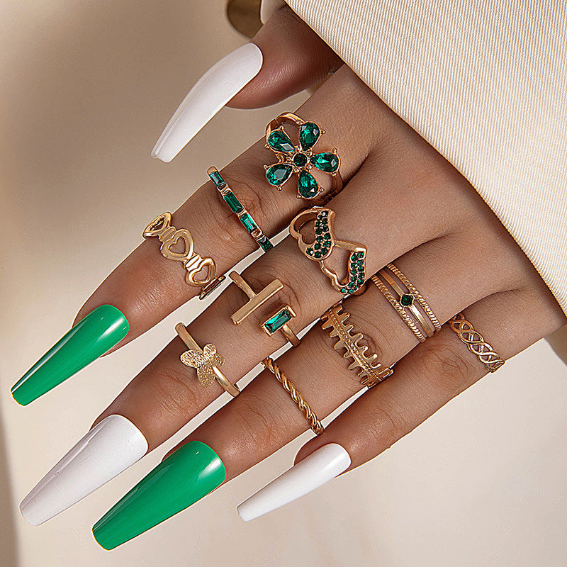 Colorful Crystals Flower Geometric Snake Shaped Scallop Eight-piece Set Ring