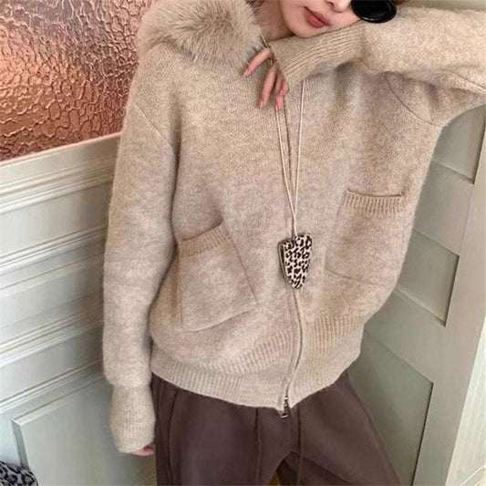 Maillard Coffee Color Fur Collar Hooded Sweater Coat Casual Style