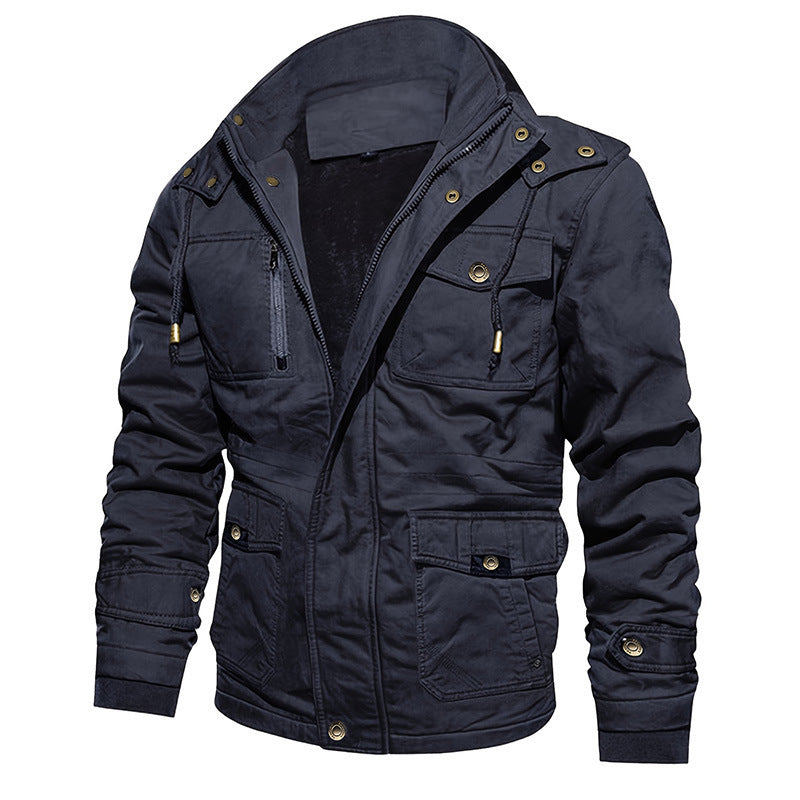 Navy blue jacket with gold buttons on a white background