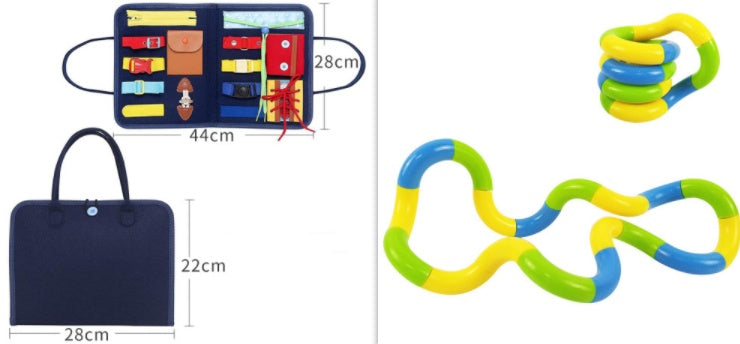 Colorful interlocking rings toy with a carrying case and measurements on a white background