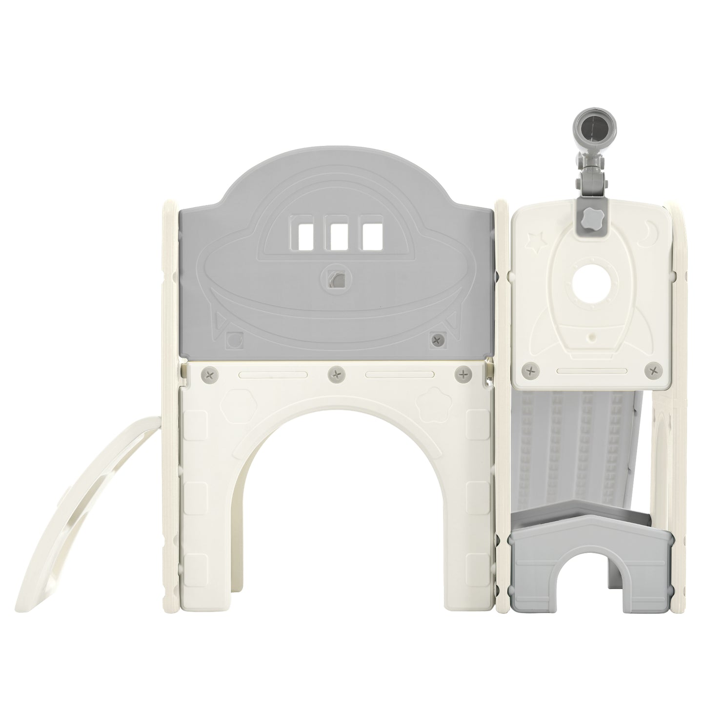 Kids Slide Playset Structure 7 in 1, Freestanding Spaceship Set with Slide, Arch Tunnel Grey+White + HDPE - Ectron Online