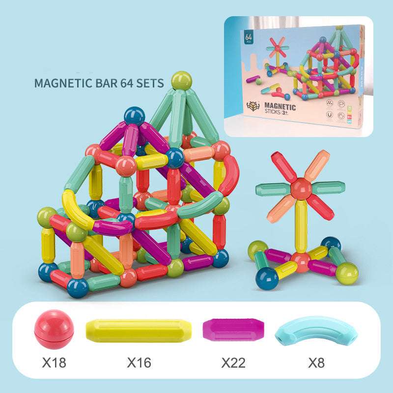 Colorful magnetic building toy set with packaging and component count on a light blue background