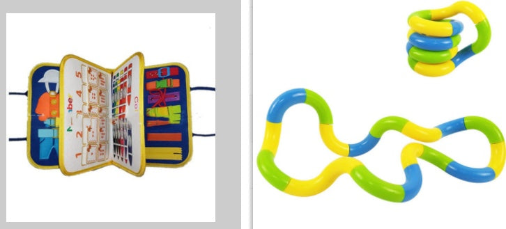 Colorful educational book and interlocking toy on a white background