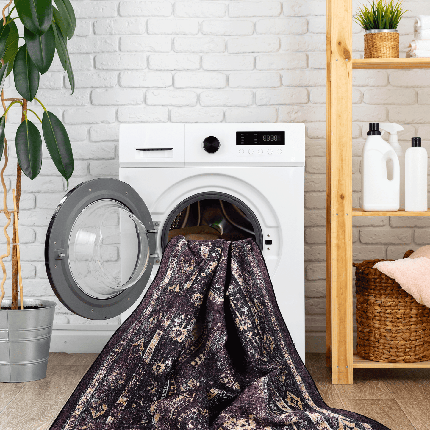 Maval Washable Area Rug - Black & Burgundy (5' x 8')