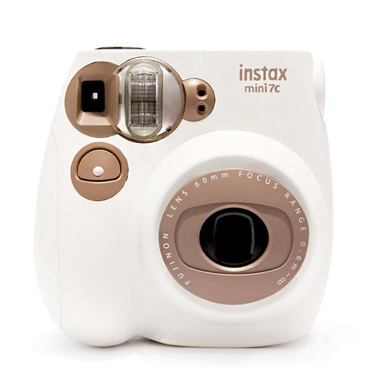 White and rose gold Instax mini 7c instant camera on a white background