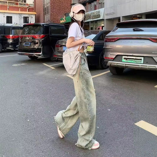 Retro Cement Yellow Straight Wide-leg Jeans For Women Spring And Summer New Loose Slim High Waist Drape Long Pants