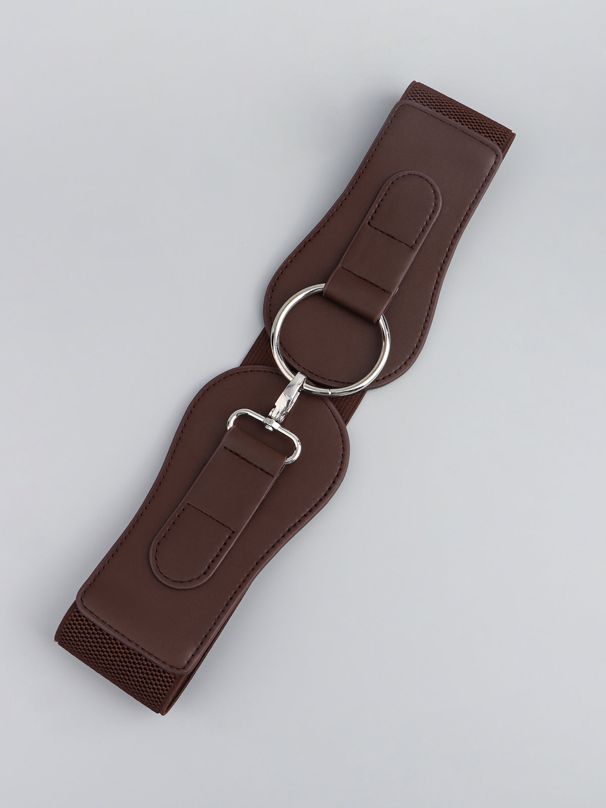 Wide PU elastic belt in dark brown, end tab with metal hook and oval ring