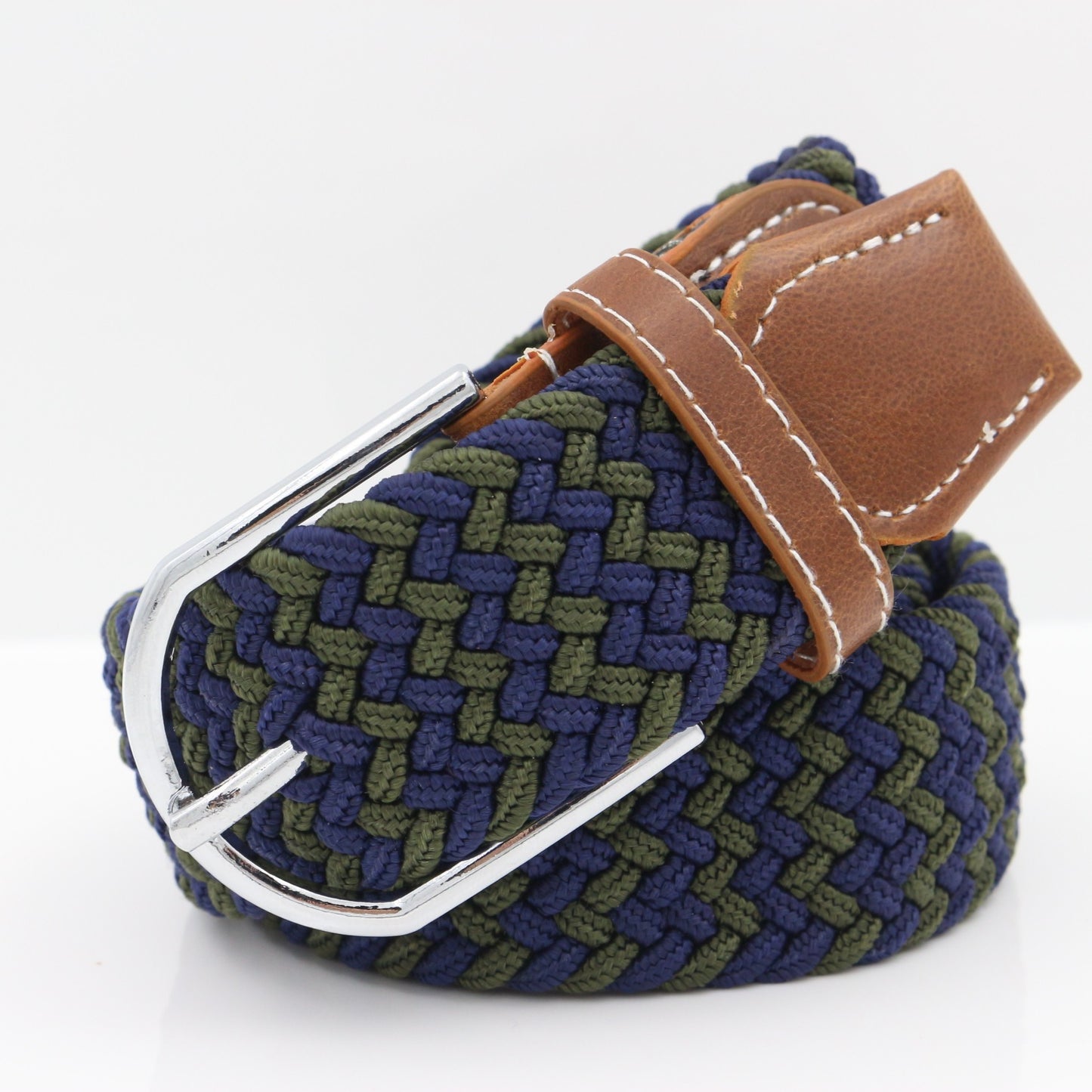 Simple Stretch And Breathable Canvas Woven Belt in navy and green with a leather buckle.