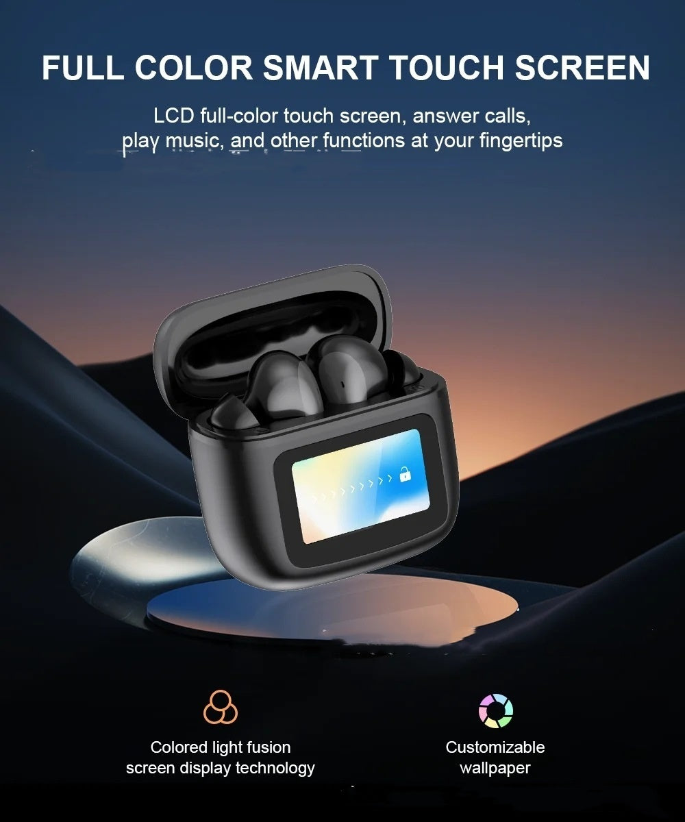 Black wireless earbuds in a charging case with a touch screen on a car dashboard background.
