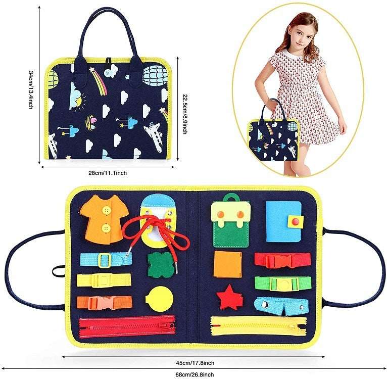 Children's educational toy with colorful patterns and a girl holding a similar bag.