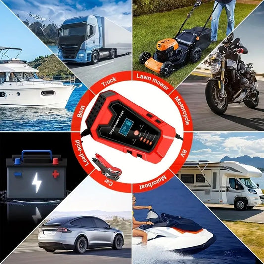 Smart 12V Car & Motorcycle Battery Charger | LCD Display Maintainer