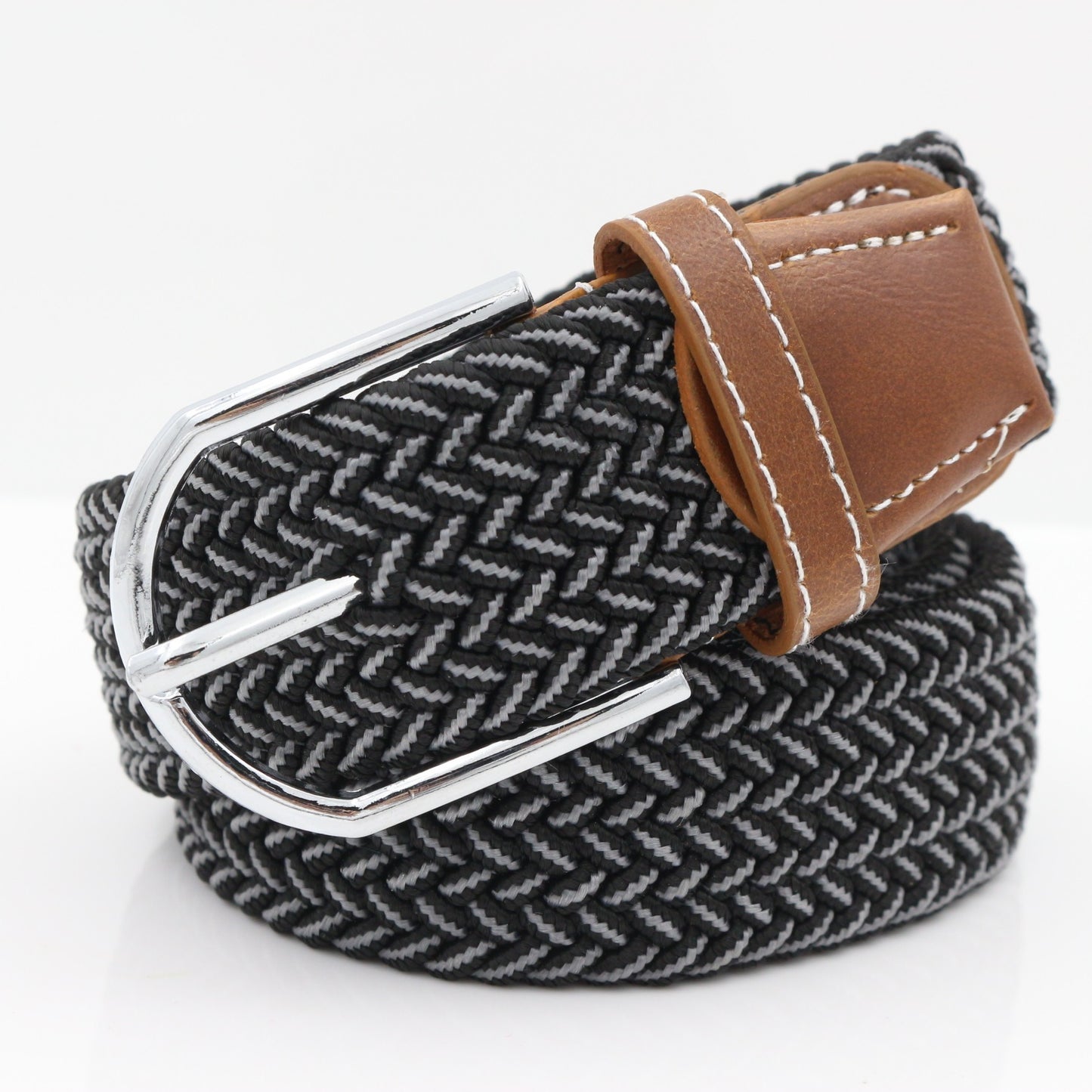 Simple Stretch And Breathable Canvas Woven Belt featuring a black and grey woven design with a leather strap and silver buckle.