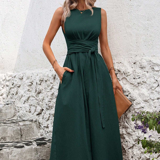 Women's Casual Solid Color Round Neck Twist Waist Sleeveless Loose Commuter Dress