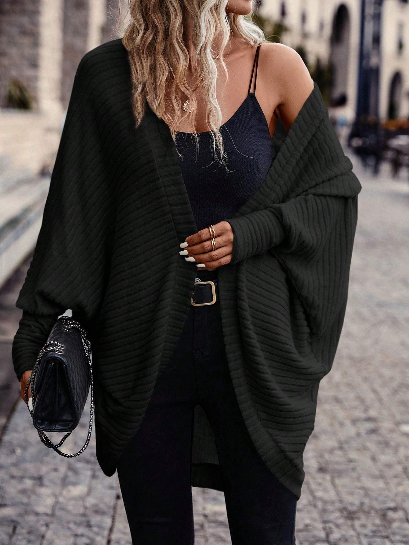 Women Solid Color Batwing Sleeve Open Front Casual Jacket