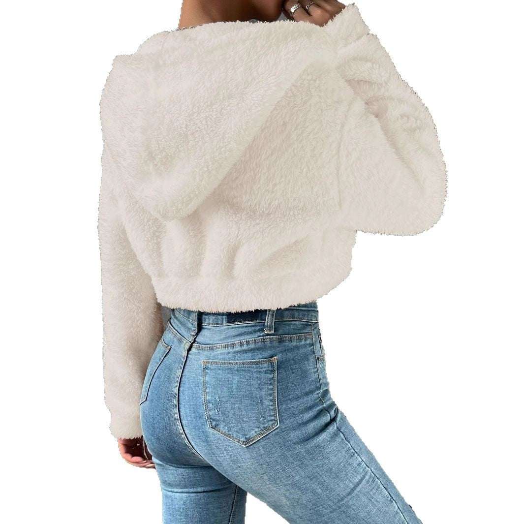 Women's Casual Short Fleece Hooded Jacket
