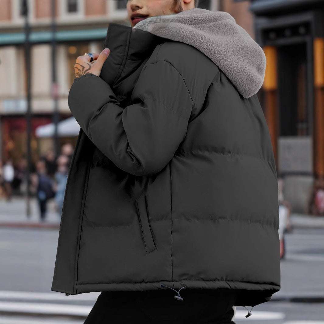 Men's thick ski down jacket in dark gray with hood up, zip front, and drawstring hem