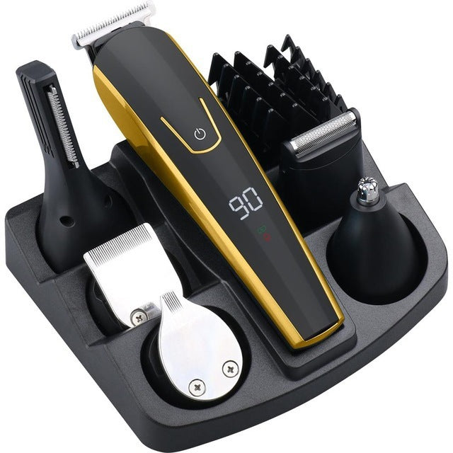 Hair trimmer set with attachments on a white background