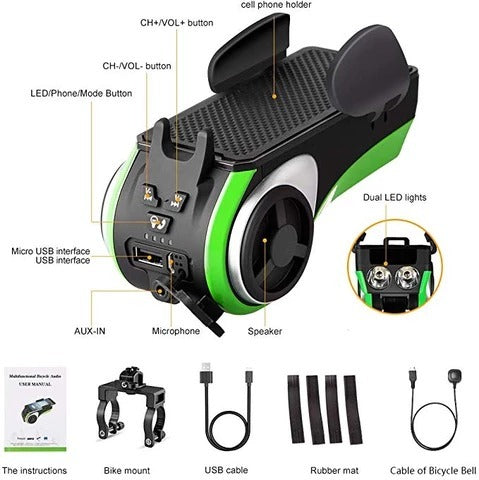 5 In 1 Double LED Bicycle Light Bluetooth Audio MP3 Player Speaker Charging Power Bank Ring Bell Bicycle Phone Holder - Ectron Online