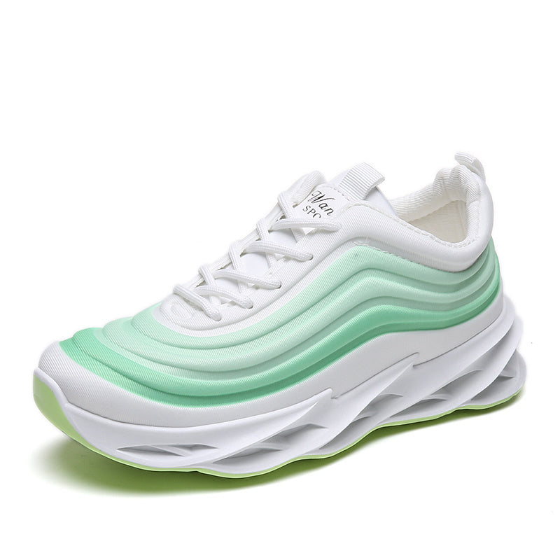 White and green mesh running shoes with pastel stripes and thick sole