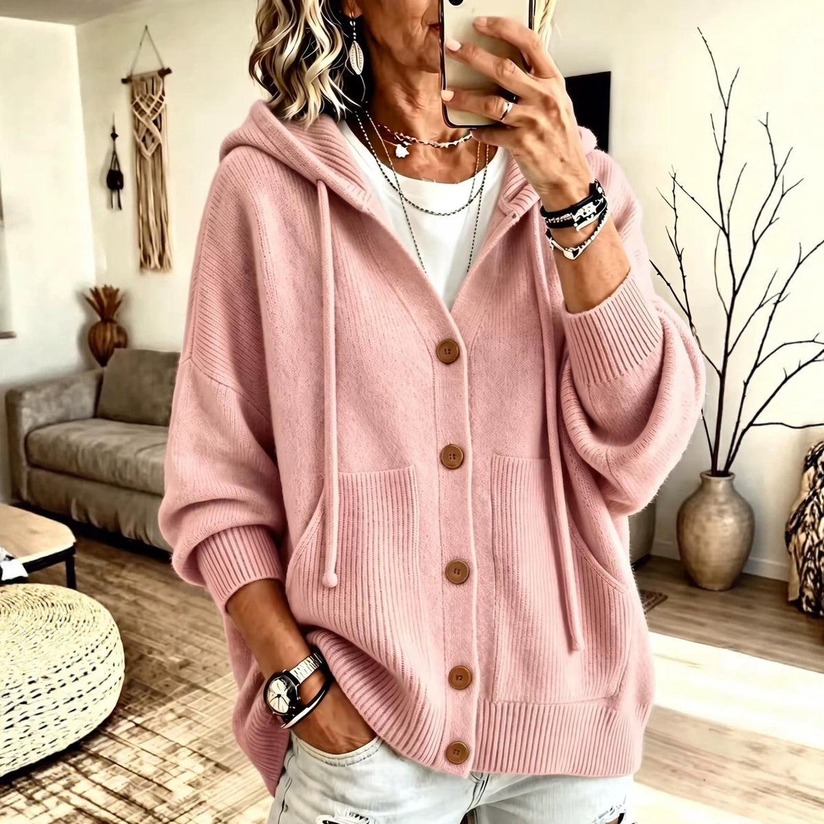 Pink button-knit hooded cardigan with front buttons and front patch pockets