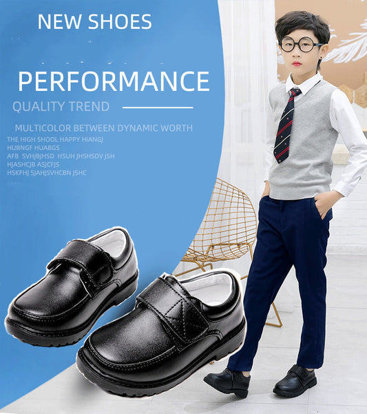 Boys' Black British Style Velcro Leather Shoes Boys Black Student Velcro British Leathe | Ectron Online