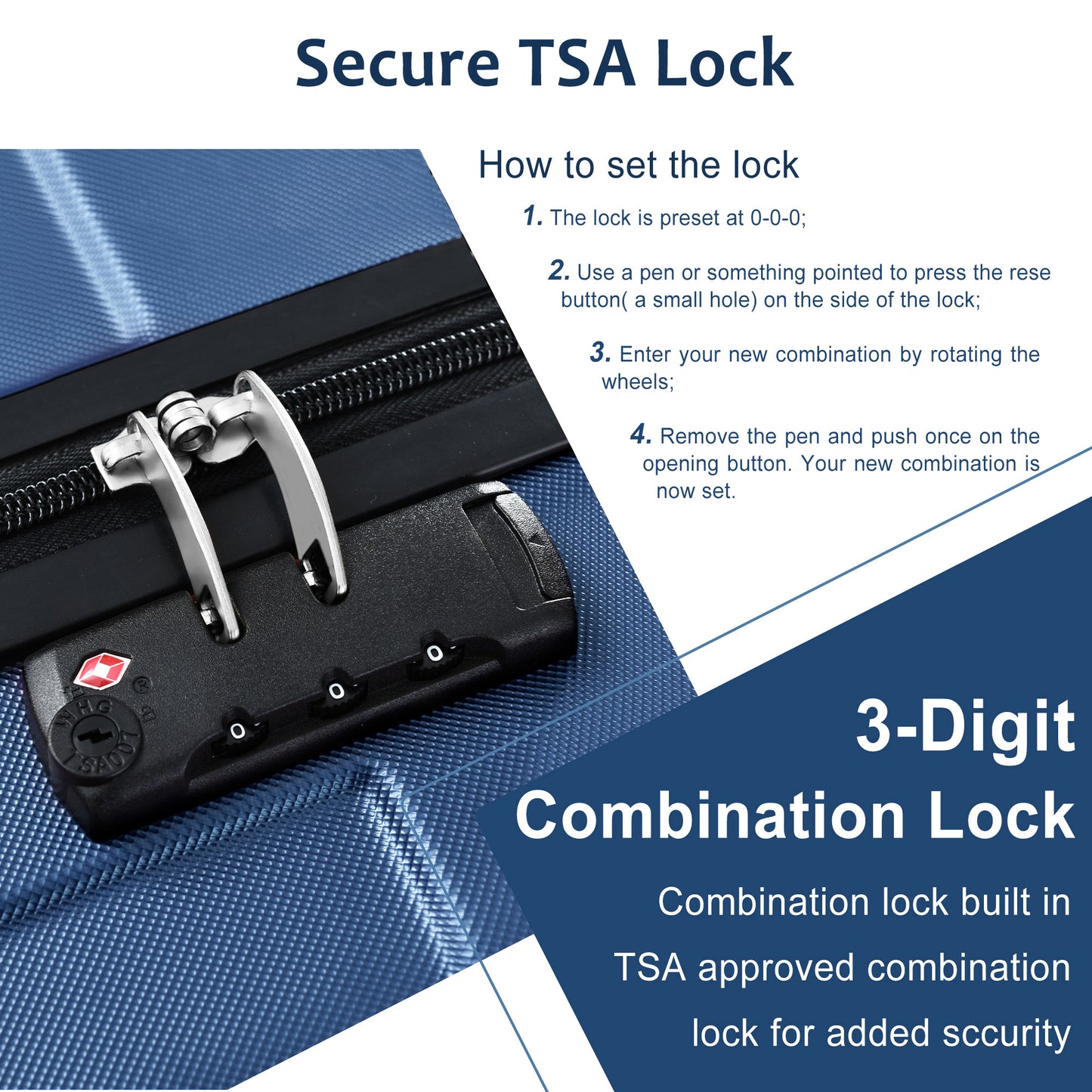 Hardshell Luggage Sets 3 Piece Carry-on Suitcases with Wheels, TSA Lock for Men Women, Blue (20in) - Ectron Online
