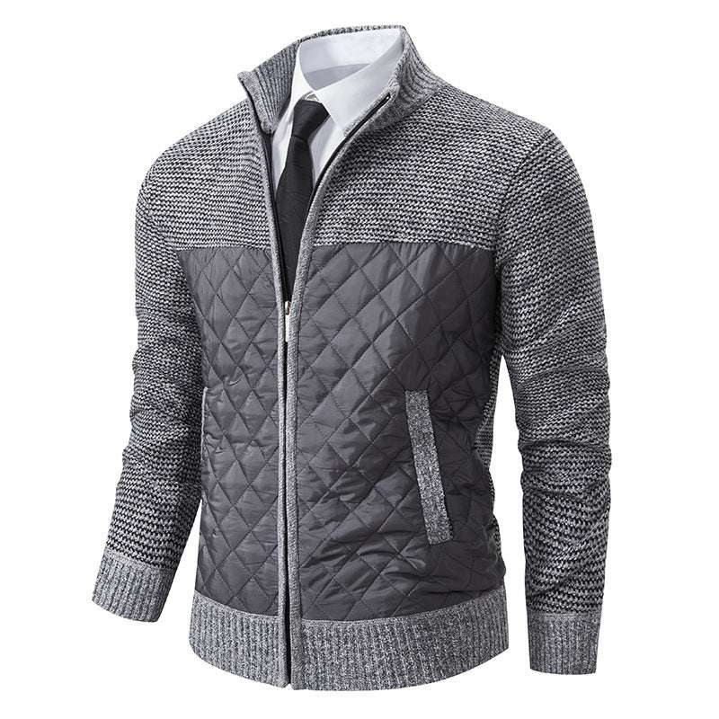 Gray quilted jacket with patterned sleeves on a white background