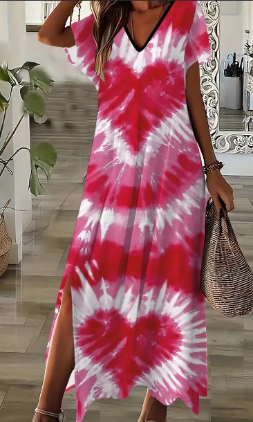 Valentine's Day Elegant Targeted Women's Short Sleeve V-Neck Peach Love Print Split Floor-Length Dress