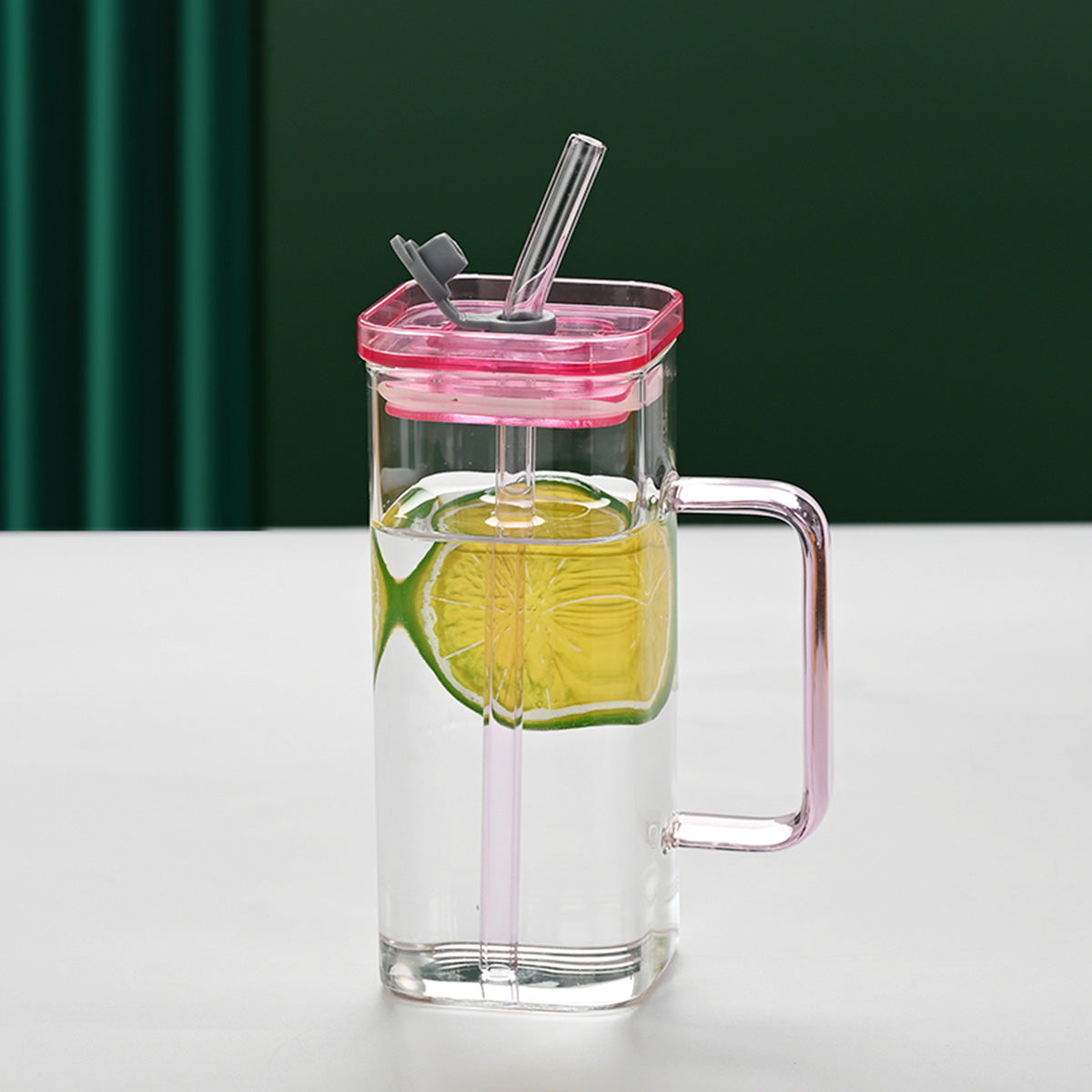 Blue Square Glass Cup with Straw & Lid | High Borosilicate Drinking Glass