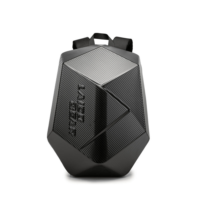 Hard shell motorcycle backpack with carbon fiber pattern, padded top straps, side zipper panel