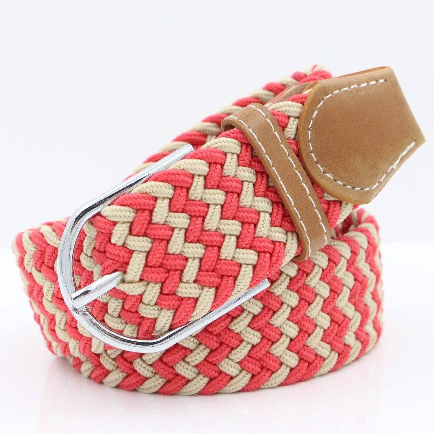 Simple Stretch And Breathable Canvas Woven Belt in vibrant red and beige color with a stylish metal buckle.