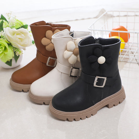 British Style Soft Bottom Western Style Flowers Girls' Leather Boots