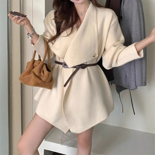 Irregular Lapel Mid-length Knitted Cardigan Casual Laid-back Style