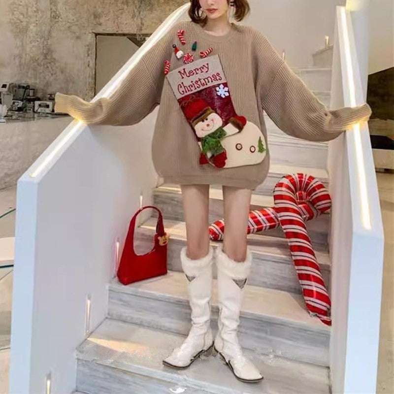 Person wearing a Christmas-themed sweater and white boots on a staircase with decorative candy canes.