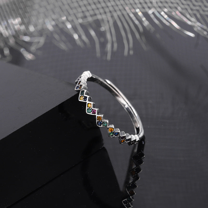 S925 Sterling Silver Colorful Zircon Love Ring Female Vintage Thai Silver