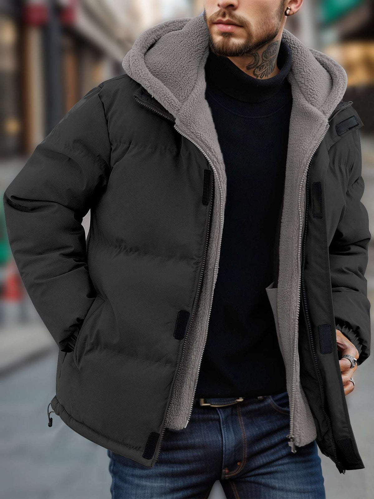 Men's thick ski down jacket in black with zip front, sherpa collar, and chest zipper detail