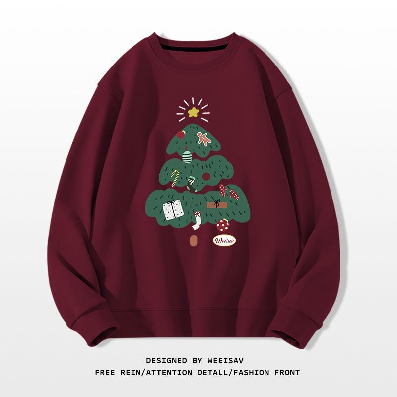 Maroon sweatshirt with a green Christmas tree design on a white background