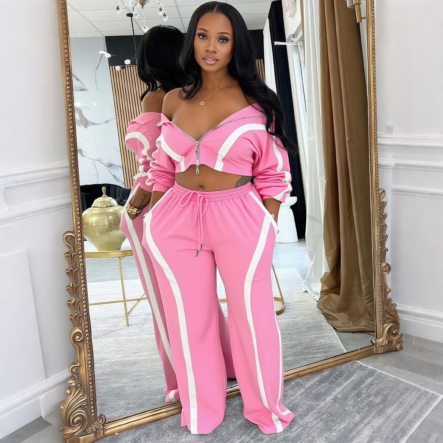 Contrast-striped two-piece cardigan set with off-shoulder cropped top and drawstring pants, pink/white
