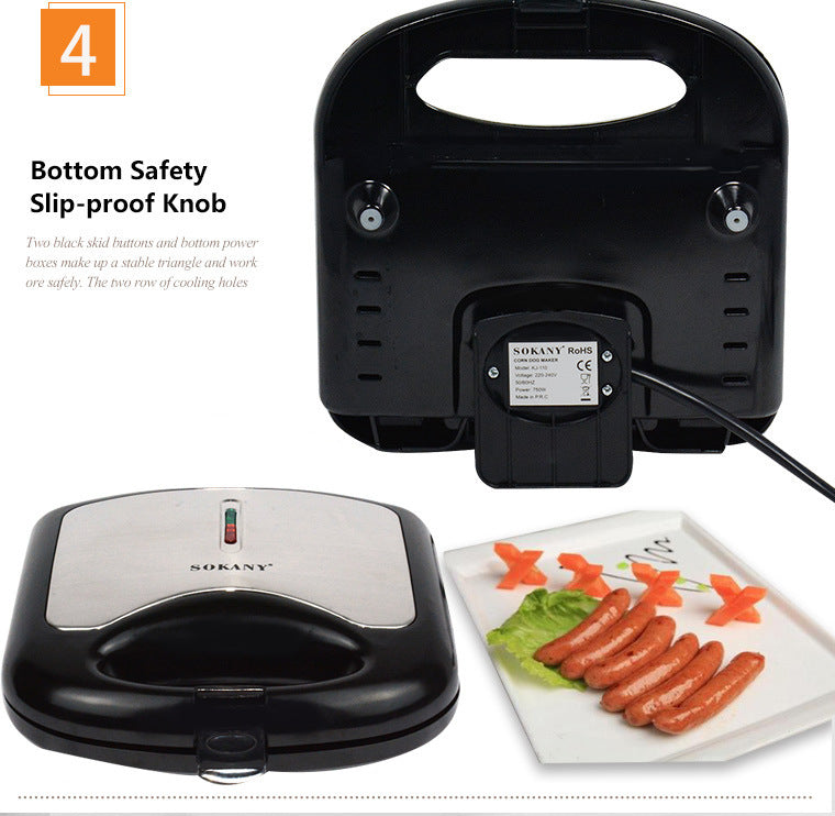 Black corn dog maker base with safety knob and power cord, grilling plates shown open