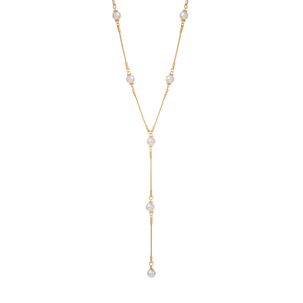 Stainless Steel Pearl Y-shaped Clavicle Chain Light Luxury Tassel Necklace For Women