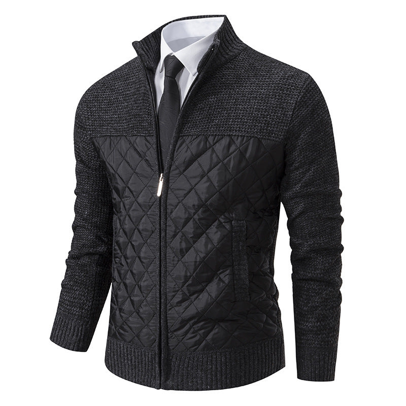 Black quilted jacket with a white shirt and tie on a white background