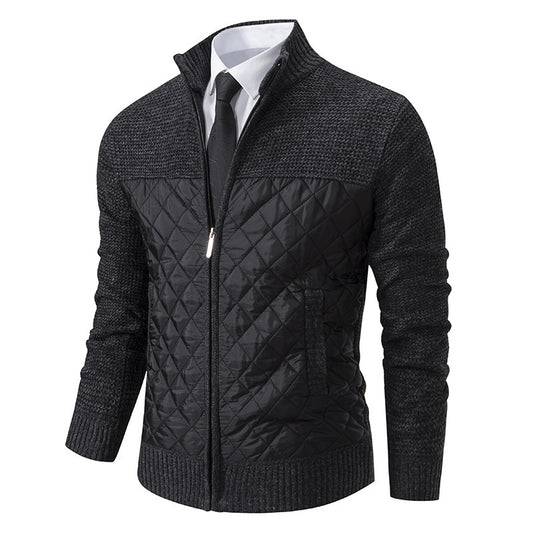 Black quilted jacket with a white shirt and tie on a white background