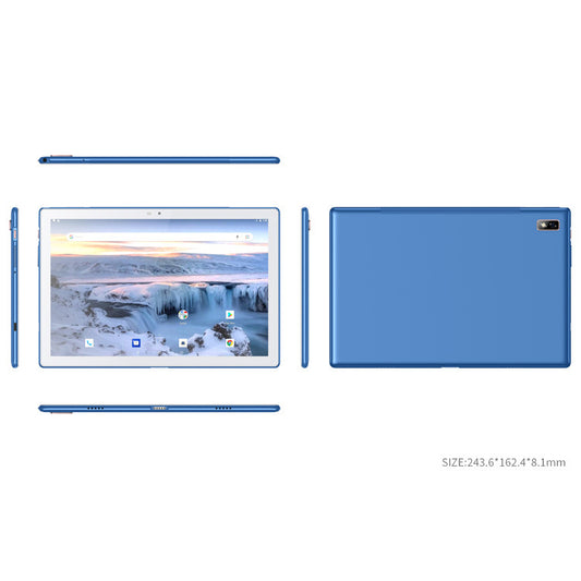 Blue tablet with screen displaying a scenic image on a white background