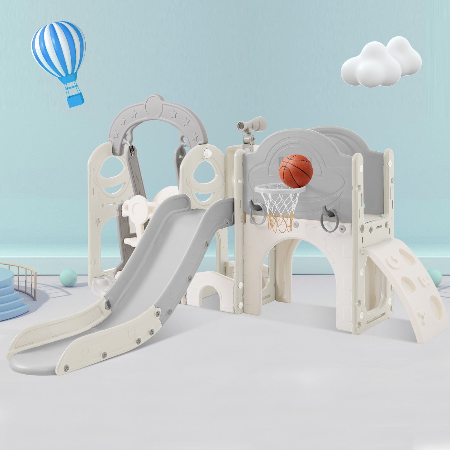 Toddler Slide and Swing Set 7 in 1, Kids Playground Climber Slide Playset with Basketball Hoop Freestanding Combination - Ectron Online