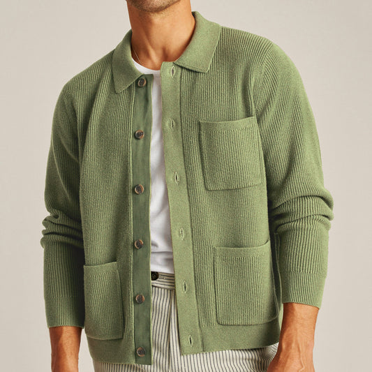 A man modeling a thick, high-density knit sweater featuring an integrated contrast shirt collar, perfect for a smart-casual professional look.