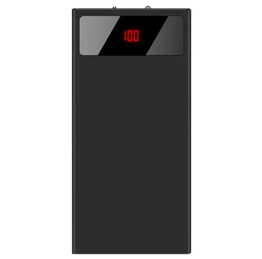A slim, pocket-sized 20000mAh power bank showing a bright LED digital percentage display and two smartphones charging simultaneously via Dual USB ports.
